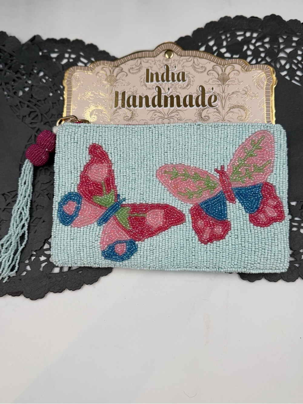 Handmade Beaded Butterfly Clutch - Light Blue & Pink